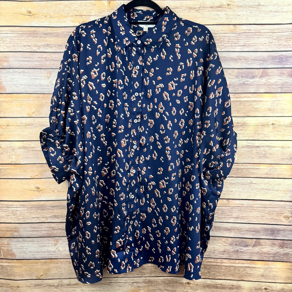 Entro Womens Blue Brown Animal Print Short Sleeve Button Up Blouse 1X - Picture 2 of 8